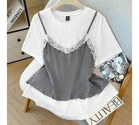 Femmes grande taille Bloc de Couleur Tricot Fabric Col Rond Manches Courtes Ample Droit Décontracté Quotidien Mode Confortable Polyvalent 2 en 1 T-Shirt, Convient pour le Printemps et l'Été 0XL,1XL,2X