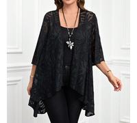 Femmes grande taille Cardigan ample à manches 3/4 avec motif jacquard noir, ouverture devant. Vêtement d'été et de printemps pour femmes, tenue occidentale, blouses élégantes pour femmes, pour concert