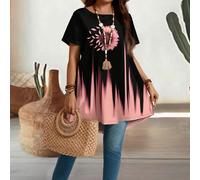Femmes grande taille Col rond Manches courtes T-shirt longue longueur, convient pour l'été Décontracté Pays Concert, Vêtements occidentaux pour femmes, Boho Chic 0XL,1XL,2XL,3XL,4XL,5XLFloralTissu tri