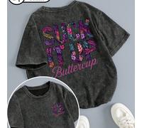 Femmes grande taille, Décontracté Quotidien, Lettres remplies de fleurs colorées SUCK IT UP Impression recto-verso, 64% Coton Vintage Tacheté Lavé T-shirt à manches courtes, Style Décontracté Sportif,