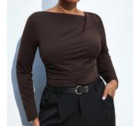 Femmes grande taille T-shirt de base à manches longues de couleur café avec col asymétrique, Top tricoté pour l'automne, les fêtes de Noël et l'Action de grâce 0XL,1XL,2XL,3XL,4XL,5XLTissu tricoté