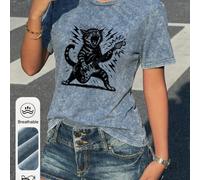 Femmes grande taille T-shirt décontracté d'été à manches courtes avec graphique de guitare électrique chat, lavage à l'eau. T-shirt bleu femme avec graphique éclair 0XL,1XL,2XL,3XL,4XLHalloweenTissu t