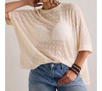 Femmes grande taille Top tricoté ample à col rond, manches 3/4. Tissu jacquard transparent et élastique texturé. Élégant pour le port quotidien, printemps/été 0XL,1XL,2XL,3XL,4XL,5XLUnicoloreTissu tri
