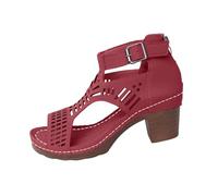 Femmes haut bloc talons plateforme sandale boucle T-cheville sangle talon coulisses creux respirant confort large ajustement chaussures légères officielles mariage soirée des diplômes (Red, 42)