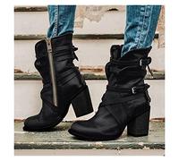 Femmes Hiver Bottines Mode Booties avec Boucle Court Bloc Talon Bottes en Cuir PU Motard Boots avec Fermeture Éclair Femmes Élégantes Fête Cheville Chaussures Talons Hauts