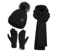 Femmes Hiver Chaud Bonnet Pompon Longue Echarpe Gants Tactiles Ensemble Tricot avec Doublure Polaire Thermique Cadeaux Noel Femme