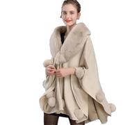 Femmes Hiver Extérieur Épais Poncho Cape Col Streetwear Noir Pompon Boule De Fourrure Cachemire Lâche Châle Manteau Beige One Size