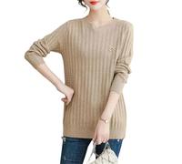 Femmes Hiver Solide Col Rond Pull Rivet Manches Longues Pull Tricoté Undershirt Casual Tops, Lighttan, L