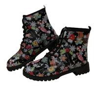 Femmes imprimées combat bottes courtes avec rose crâne dessin animé motif mode lace-up talon gros plateforme cuir bottes de cheville cadeaux pour les filles dames chaussures d'automne et d'hiver