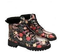Femmes imprimées combat bottes courtes avec rose crâne dessin animé motif mode lace-up talon gros plateforme cuir bottes de cheville cadeaux pour les filles dames chaussures d'automne et d'hiver
