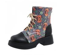 Femmes imprimées combat bottes courtes avec rose crâne dessin animé motif mode lace-up talon gros plateforme cuir bottes de cheville cadeaux pour les filles dames chaussures d'automne et d'hiver