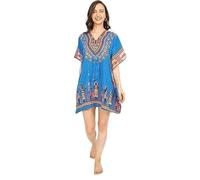 Femmes Kimono Imprimé Africain Court Caftan Ample Robe de Plage Genou Caftan Nuit Maxi Robe Haut Court pour Femme - Taille la Plus Fit Bleu, bleu, Above The Knee