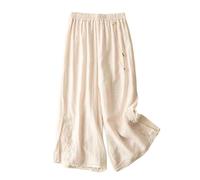 Femmes Littéraire Jambe Large Été Baggy Maison Mince Respirant Léger Taille Élastique Coton Brodé Casual Style Chinois Pantalon avec Cordon de Serrage, beige, L