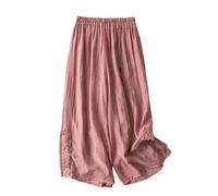 Femmes Littéraire Jambe Large Été Baggy Maison Mince Respirant Léger Taille Élastique Coton Brodé Casual Style Chinois Pantalon avec Cordon de Serrage, rose, M