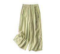 Femmes Littéraire Jambe Large Été Baggy Maison Mince Respirant Léger Taille Élastique Coton Brodé Casual Style Chinois Pantalon avec Cordon de Serrage, Vert, XL