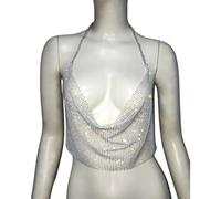 Femmes Maille Haut Court Col Bénitier Drapé Camisole Résille Corps Chaîne Bijoux De Corps Plein Diamant Partywear