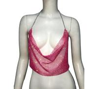 Femmes Maille Haut Court Col Bénitier Drapé Camisole Résille Corps Chaîne Bijoux De Corps Plein Diamant Partywear