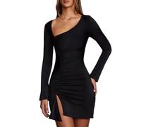 Femmes Manches Longues Mini Robe Sexy Encolure Oblique Fendue Mini Robes Élégante Wrap Slim Charme Chic Bodycon Robe de Soirée Courte pour Cocktail Fête Club