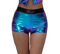 Femmes métallique Rave Booty Shorts pour Danser élastique Cuir réfléchissant Pantalon Chaud Brillant élastique Haut Taille Bas Bleu XXL