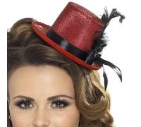Smiffys Mini haut de forme, rouge avec ruban noir et plume