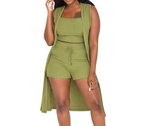 Femmes Mode décontracté Extensible 2022 Couleur Unie 3 pièces Pantalon Ensemble Dames côtelé décontracté sans Manches Manteau Gilet et Shorts Costumes (Green, L)