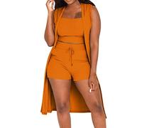 Femmes Mode décontracté Extensible 2022 Couleur Unie 3 pièces Pantalon Ensemble Dames côtelé décontracté sans Manches Manteau Gilet et Shorts Costumes (Orange, XL)