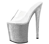 Femmes Mode Paillettes Sexy Peep Toe Sandales Talon Haut 20cm Stiletto Mules Pompes Sexy Stripper Club Pole Dancing Chaussures De Fête, Silver, 46 EU