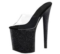 Femmes Mode Paillettes Sexy Peep Toe Sandales Talon Haut 20cm Stiletto Mules Pompes Sexy Stripper Club Pole Dancing Chaussures De Fête, Black, 36 EU