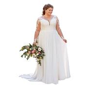 Femmes Mousseline Dentelle Robes de mariée Grande Taille avec Manches Longues Robes de Mariée, Blanc., 48