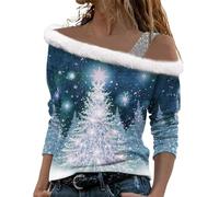 Femmes Noël Imprimé Peluche Hors Épaule Manches Longues Pull Chemise avec Bretelles Noël Pull De Noël Filles Sweat De Noël (Blue, S)