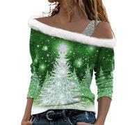 Femmes Noël Imprimé Peluche Hors Épaule Manches Longues Pull Chemise avec Bretelles Noël Pull De Noël Filles Sweat De Noël (Green, S)