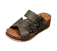 Femmes noires diapositives sandales de compencouleur solide jolie fleur chaussures de semelle douce en cuir crisscross bracelet ouvert orteil chaussure extérieure marche chaussures d'été (Green, 37)