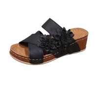 Femmes noires diapositives sandales de compencouleur solide jolie fleur chaussures de semelle douce en cuir crisscross bracelet ouvert orteil chaussure extérieure marche chaussures d'été (Black, 41)