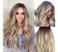 Femmes Ombre Ondulé Perruque Cheveux Longs Bouclés Cheveux Véritables Perruques Complètes Cosplay Wig Gold, Longueur 60 cm