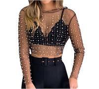 Femmes perle voir à travers maille pure Sexy à manches longues hauts courts strass paillettes dentelle Blouse chemises fête Clubwear (Color : 01 Black, Size : M)