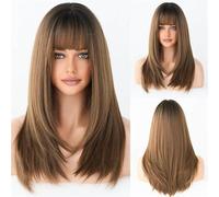Femmes Perruque for femmes aux cheveux longs, couvre-tête naturel complet, et raides, bouton intérieur, frange à air, perruque Fête quotidienne(C)