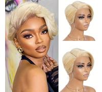 Femmes Perruque Pixie Cut 13x4x1 Perruque Lace Front Wig Elf Cheveux Humains Courts Résistants à la chaleur Perruque Bob Sans Colle avec Cheveux de Bébé Convient for les jeux de rôle des femmes.(Gold)