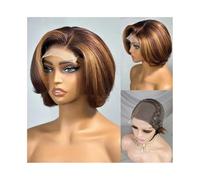 Femmes Perruques frontales 100% cheveux humains, mèches 4x4, coupe courte ondulée, au carré, ombrée, brune, blonde, raie en C, 27 pouces Fête quotidienne