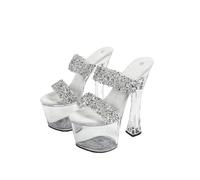 Femmes Pieds Étroits Transparent Talons Hauts Sandales - Sandales à Talons Blocs, pour boîte de Nuit, Performance scénique,Argent,40 EU