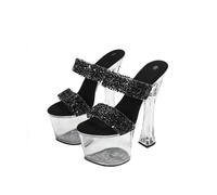 Femmes Pieds Étroits Transparent Talons Hauts Sandales - Sandales à Talons Blocs, pour boîte de Nuit, Performance scénique,Noir,40 EU