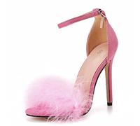 Femmes Plumes Sandales à Talons Hauts Dame Moelleux Bout Ouvert Bride à La Cheville Sandale à LanièRes Chaussures à Talons Hauts Fourrure éLéGant Talons Fins Chaussures de Robe de MariéE ,Rose,44EU