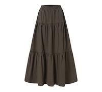 Femmes Printemps/été décontracté Haute Coton Lin Solide plissé Ample balançoire Demi-Longueur Jupe (Brown, XXXL)