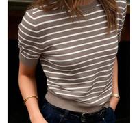 Femmes Printemps/Été Pull tricoté à col rond et manches courtes rayé, nouveau pull décontracté minimaliste confortable ample, mode et élégant, convient pour un port quotidien L,M,SRayéÉtoffe