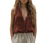 Femmes Printemps Nouveau Vêtements Femmes Casual Loose Mode Sans Manches Coton Lin Couleur unie Col V Poche Gilet Gilet Sangle Un Top Cercle Parfait, marron, XL