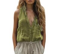 Femmes Printemps Nouveau Vêtements Femmes Casual Loose Mode Sans Manches Coton Lin Couleur unie Col V Poche Gilet Gilet Sangle Un Top Cercle Parfait, Vert, XL