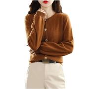 Femmes Pure Laine Cardigan O-Neck Tricot Chemises Lâche Mince Simple Boutonnage Cachemire Veste, Caramel, M