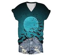 Femmes Quatre Saisons Col V Manches Courtes Top Halloween Chauve-souris Lune Imprimé Décontracté T-shirt Noir T-shirt, bleu, L