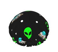 Femmes Réutilisable Stretch Hem Cheveux Chapeau Alien Ufo Vert DoubleWaterproof Bonnet De Douche Bonnet De Bain