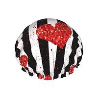 Femmes Réutilisable Stretch Hem Cheveux Chapeau Rayures Verticales Amour Coeur DoubleWaterproof Bonnet De Douche Bonnet De Bain
