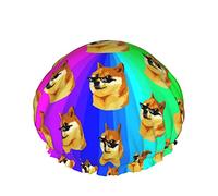 Femmes Réutilisable Stretch Ourlet Cheveux Chapeau Arc-En-Ciel Shiba Inu Doge Vie DoubleWaterproof Bonnet De Douche Bonnet De Bain